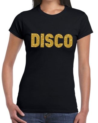 Verkleed T-shirt voor dames - disco - zwart - gouden glitter - jaren 70/80 - carnaval/themafeest