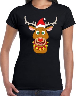 Foute Kerst t-shirt rendier Rudolf rode muts zwart dames