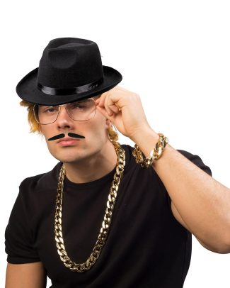 Maffia/gangster verkleed set - 4 delig - heren - zwarte hoed - ketting/armband goud - snorretje