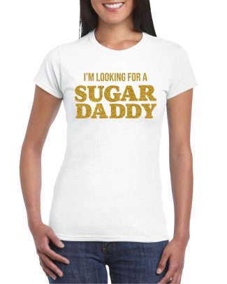 Verkleed T-shirt voor dames - sugar daddy - wit - glitter goud - carnaval/themafeest