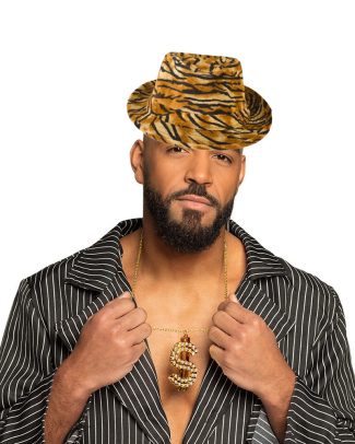 Pimp/pooier foute party verkleed set - 2 delig - heren - tijger hoed - dollar teken ketting goud