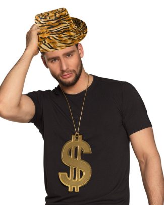 Foute party PIMP verkleed set - 2 delig - heren - tijger hoed - dollar teken ketting goud