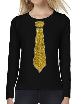 Verkleed shirt voor dames - stropdas goud - zwart - carnaval - foute party - longsleeve