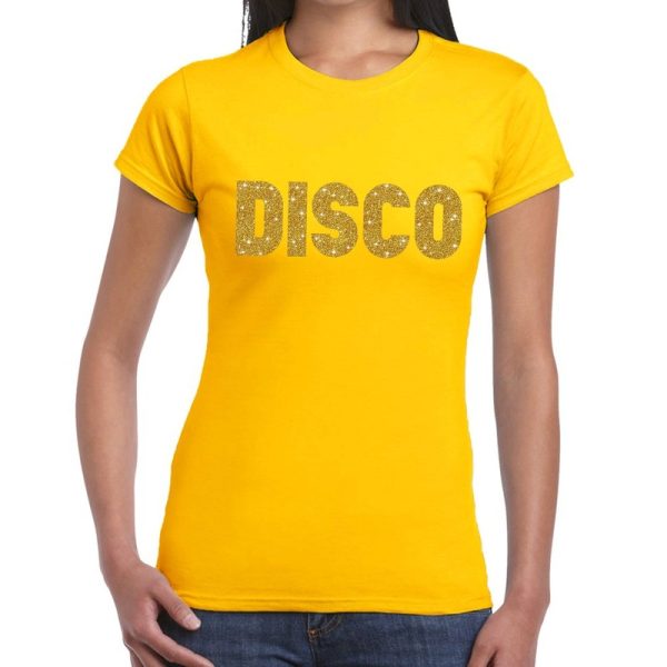Verkleed T-shirt voor dames - disco - geel - gouden glitter - jaren 70/80 - carnaval/themafeest