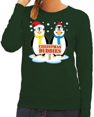 Foute kersttrui pinguin vriendjes groen dames