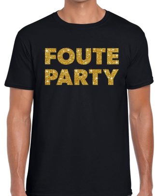 Foute party tekst t-shirt - gouden glitter letters - zwart - heren - Foute party verkleedkleding