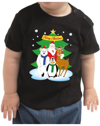 Kerstshirt kerstman / dierenvriendjes zwart baby jongen/meisje
