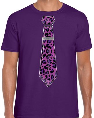 Verkleed T-shirt voor heren - panterprint stropdas - paars - foute party - carnaval/themafeest