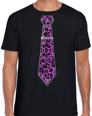 Verkleed T-shirt voor heren - panterprint stropdas - zwart - foute party - carnaval/themafeest