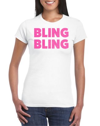 Verkleed T-shirt voor dames - bling - wit - roze glitter - glitter and glamour - carnaval/themafeest