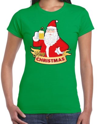 Fout kerstshirt groen santa met pul bier voor dames