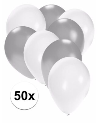 50x ballonnen - 27 cm - zilver / witte versiering