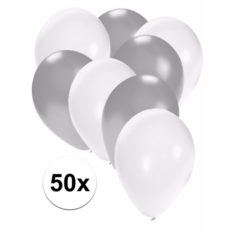 50x ballonnen - 27 cm - zilver / witte versiering 1 50x ballonnen - 27 cm - zilver / witte versiering