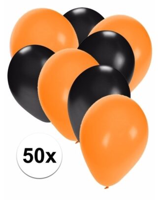 50x ballonnen - 27 cm - oranje / zwarte versiering