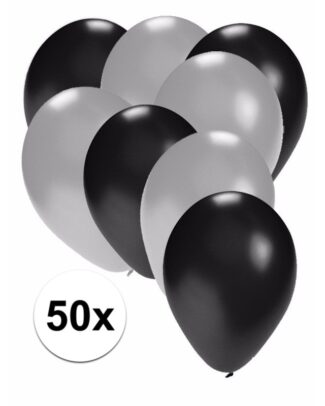 50x ballonnen - 27 cm - zilver / zwarte versiering