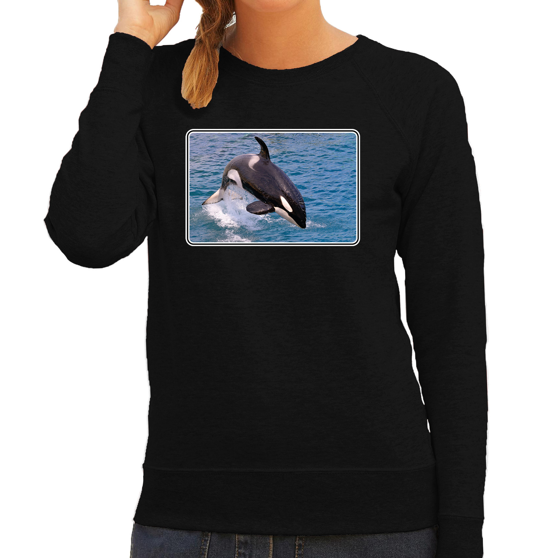 Dieren sweater met orka walvissen foto zwart voor dames - orka cadeau trui XS - 1 Dieren sweater met orka walvissen foto zwart voor dames - orka cadeau trui XS -