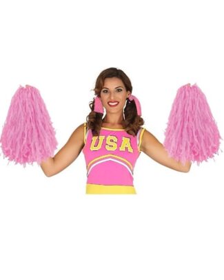 2x Stuks cheerball/pompom met ringgreep - roze - 28 cm - Cheerleader verkleed accessoires