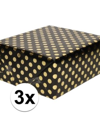 Luxe folie inpakpapier/cadeaupapier - 3x - zwart/gouden stip - 200 x 70 cm