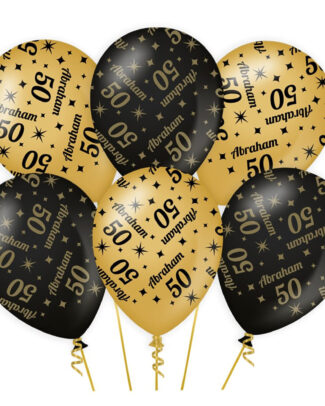 6x stuks luxe Abraham/50 jaar feest ballonnen - zwart/goud - latex - ca 30 cm