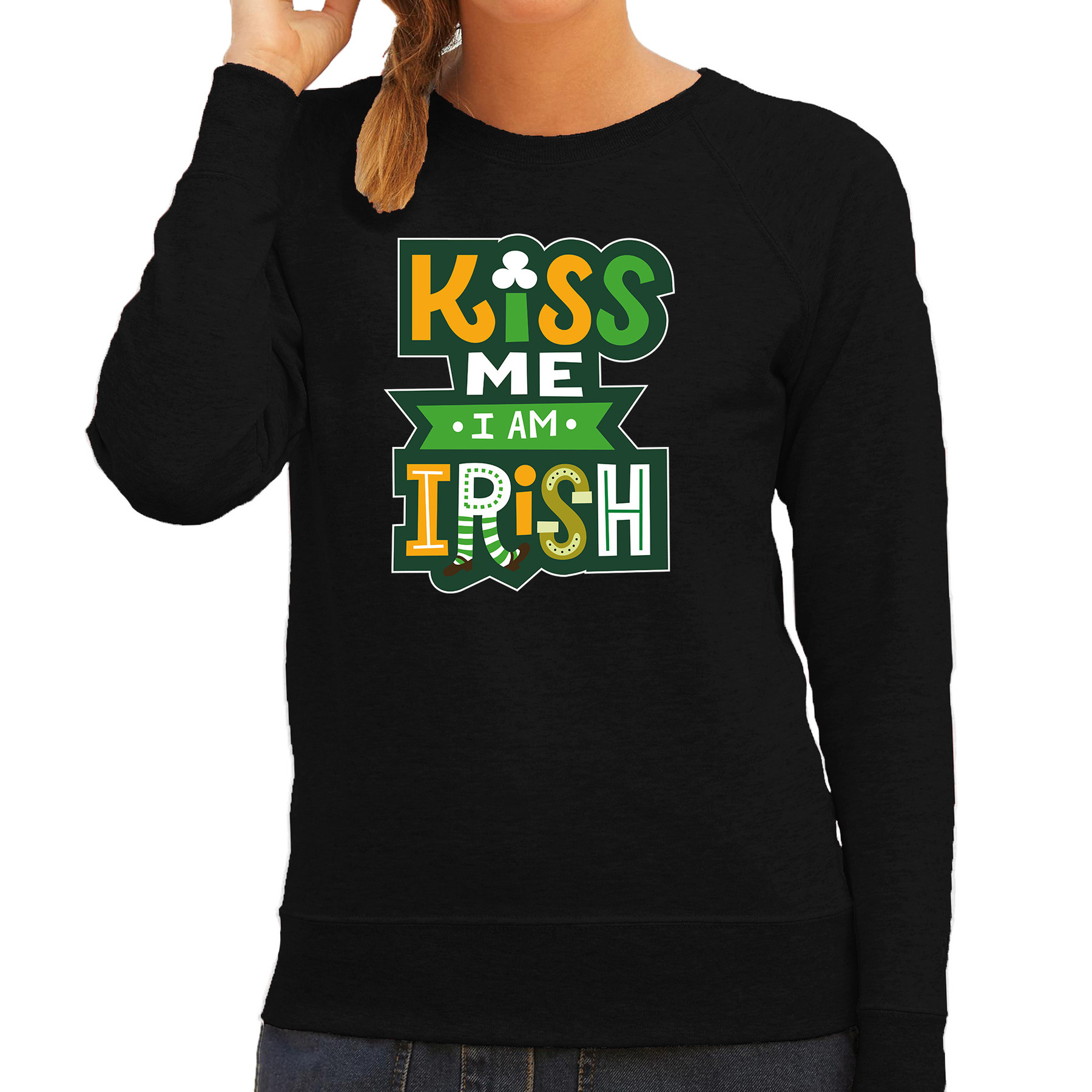 Kiss me im Irish feest sweater/ outfit zwart voor dames - St. Patricksday 2XL - 1 Kiss me im Irish feest sweater/ outfit zwart voor dames - St. Patricksday 2XL -