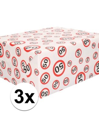 50 jaar verjaardag Inpakpapier/cadeaupapier - 3x - verkeersborden print - 300 x 70 cm - rood/wit