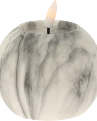 LED kaars/bolkaars - rond - wit/grijs - marmer - D10 x H7,5 cm
