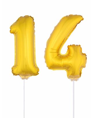 14 jaar leeftijd feestartikelen - versiering cijfers - goud - ballonnen op stokje - van 41 cm