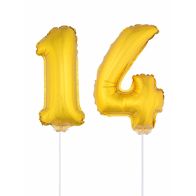 14 jaar leeftijd feestartikelen - versiering cijfers - goud - ballonnen op stokje - van 41 cm 1 14 jaar leeftijd feestartikelen - versiering cijfers - goud - ballonnen op stokje - van 41 cm