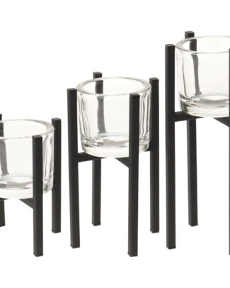 Kaarshouders - 3x stuks - glas - met zwart metalen standaard - waxinelichtjeshouders
