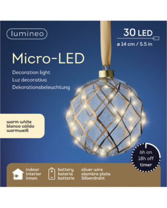 Verlichte kerstbal - glas - aan lint - D14 cm - goud - 30 led lampjes - warm wit