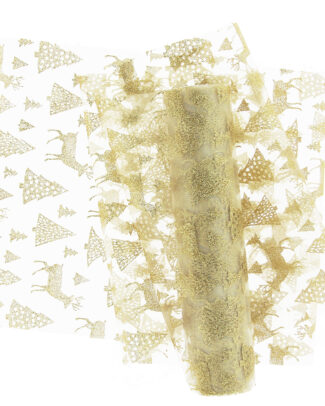 Decoratie stof/tafelloper - goud - rendieren en kerstbomen - 300 x 28 cm - polyester