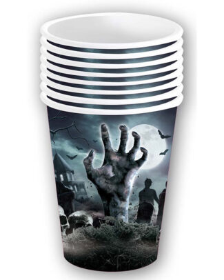 Halloween/horror begrafenis feest bekers - 6x - zwart - papier - 240 ml
