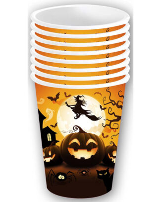 Halloween/horror pompoen feest bekers - 6x - zwart - papier - 240 ml