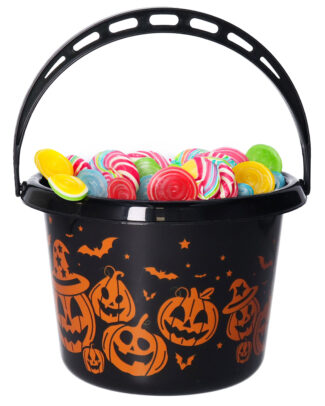 Trick or treat snoep emmertje - pompoen thema - zwart - 18 x 16 cm - Halloween snoepjes ophalen