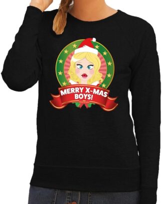 Foute kersttrui zwart Merry X-mas boys voor dames