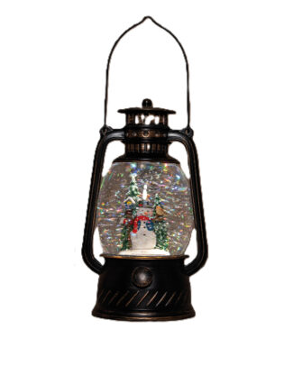 Sneeuwbol/snowglobe glitter lantaarn - sneeuwpop - D12 x H20 cm - met LED verlichting