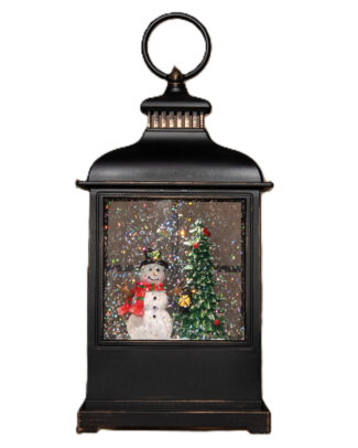 Sneeuwbol/snowglobe glitter lantaarn - sneeuwpop - 12x 12x 27 cm - LED verlichting warm wit