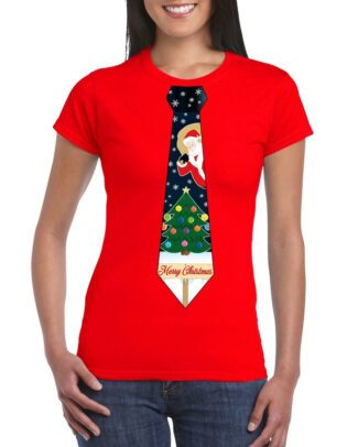 Fout kersttrui t-shirt - rood - met kerstboom stropdas - voor dames