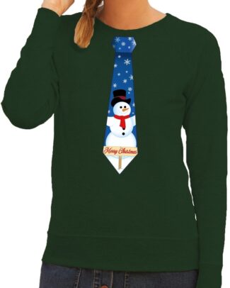 Foute kersttrui stropdas met sneeuwpop print groen voor dames