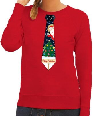 Bellatio Decorations Foute kersttrui - sweater - met stropdas kerst print - rood - voor dames