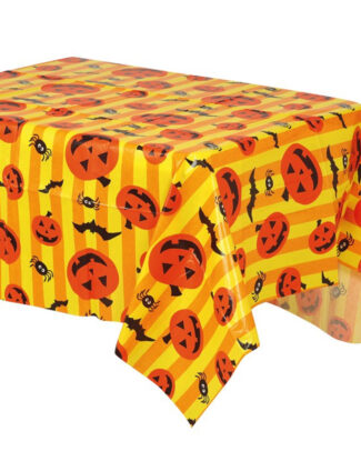 Halloween/horror thema feest tafelkleed - pompoenen/vleermuizen - geel - PVC - 130 x 175 cm