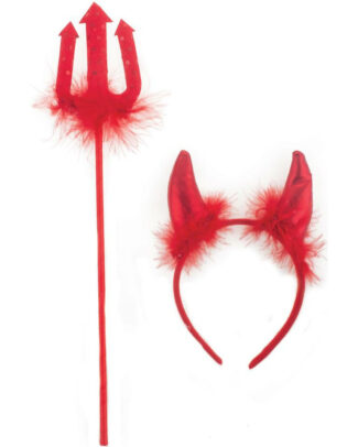 Duivels verkleed setje - hoorntjes diadeem en trident - rood - verkleed accessoires