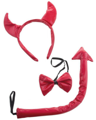 Duivels verkleed setje - hoorntjes diadeem en staart/strik - rood - verkleed accessoires
