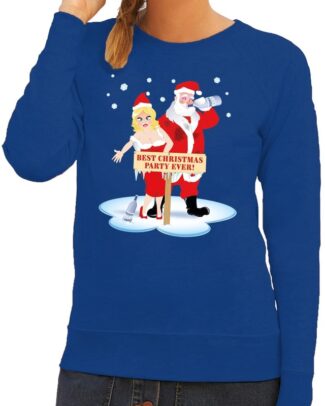 Foute kersttrui - sweater - dronken kerstman en kerstvrouw - na kerstborrel - blauw - dames