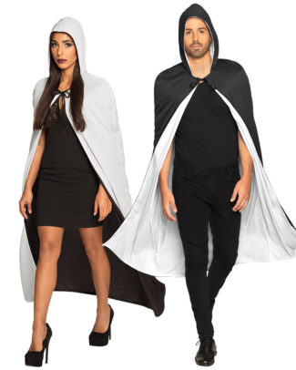 Halloween luxe verkleed cape met kap/capuchon - voor volwassenen - zwart/wit - omkeerbaar
