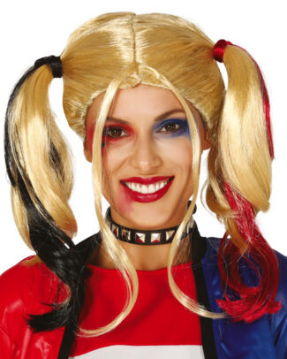 Halloween verkleedpruik lang haar met staartjes - zwart/blond/rood - dames