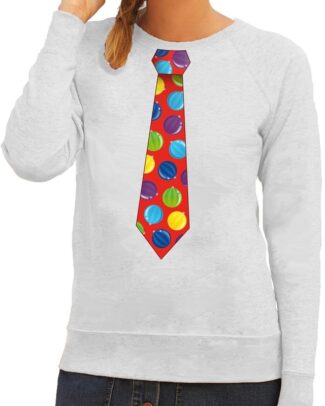 Foute kersttrui stropdas met kerstballen print grijs voor dames