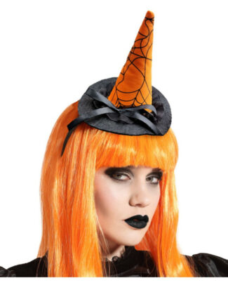 Halloween heksenhoed - mini hoedje op diadeem - one size - zwart/oranje - meisjes/dames