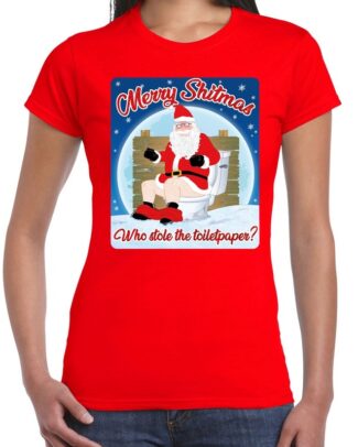 Fout kerst t-shirt merry shitmas toiletpaper rood voor dames