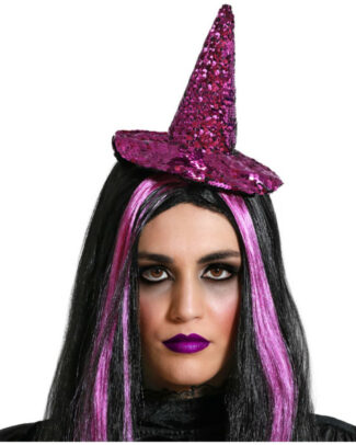 Halloween heksenhoed - mini hoedje op diadeem - one size - paars glitter - meisjes/dames